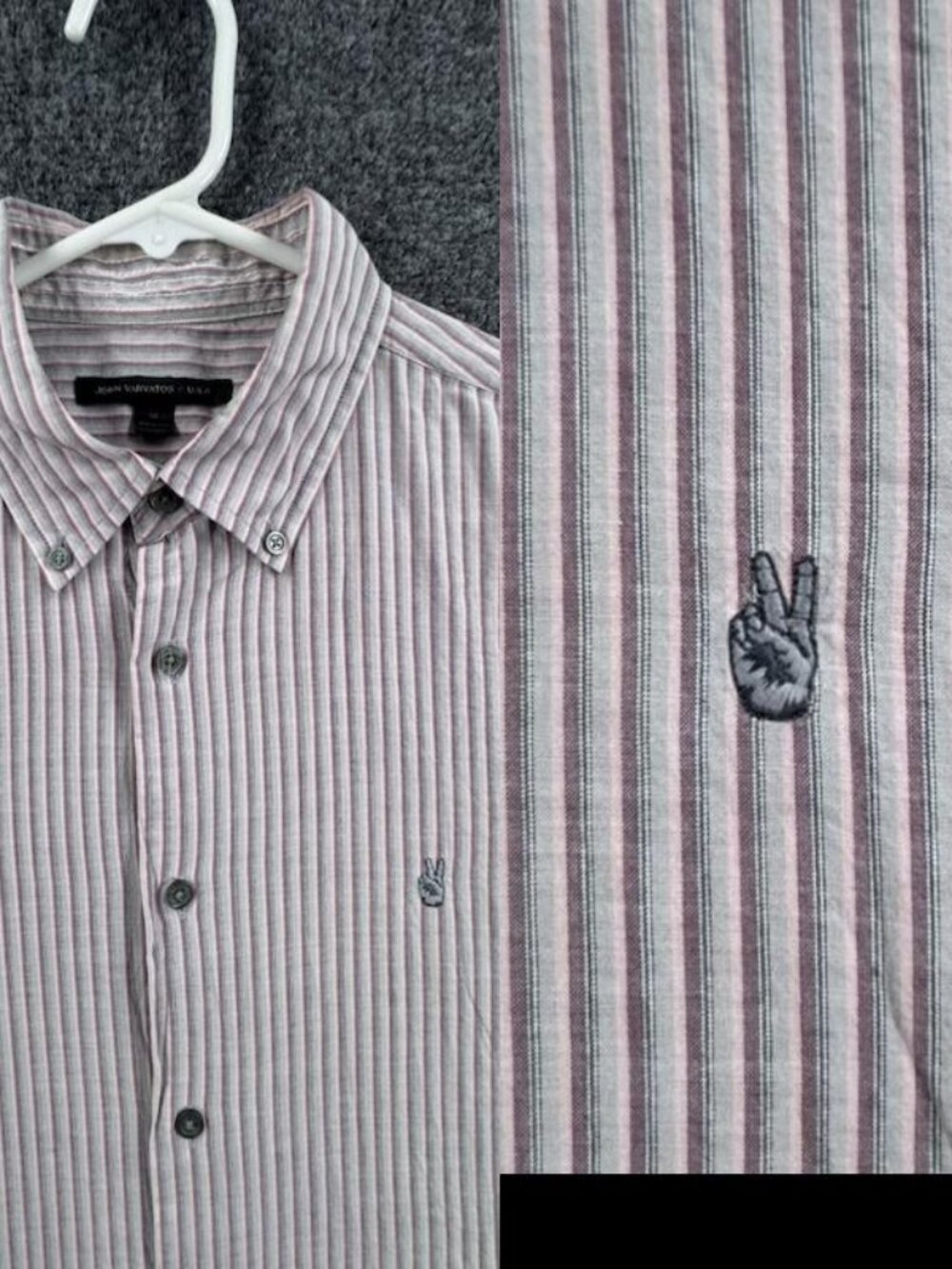 John Varvatos Striped Logo Cotton Medium Pink Gray Button-Down Mens Shirt Woven